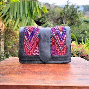 Unique Guatemalan Leather Handbag - Recycled Huipil & Black Leather (Temoatzin)